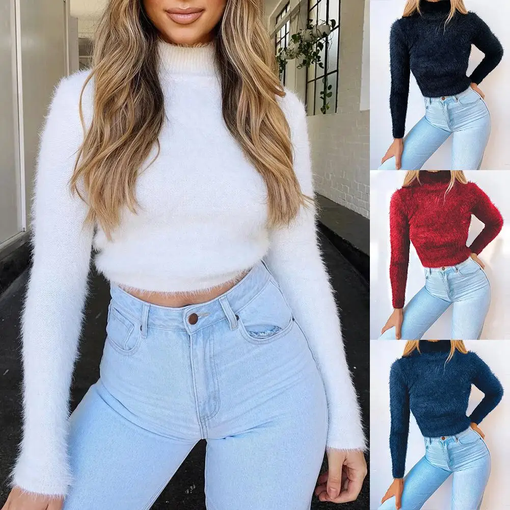 HOT SALES!!! Women Autumn Winter Solid Color Long Sleeve Turtleneck Plush Crop Sweater Top leisure sweater winter warm | Женская одежда