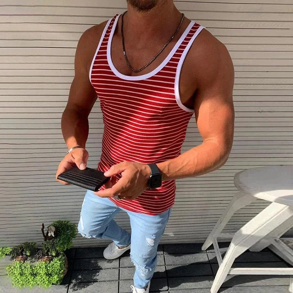 Men Vests Summer Sleeveless Shirts Gym Clothing Men Stripped Sports Casual Fitness Tanks Slim Fit Mens Bodybuilding Tank Tops