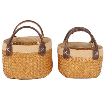 

2 PCS Woven Cylindrical Basket with Leather Handle,Natural Seagrass Storage for Plant Pot,Toys,Laundry,Picnic(2 Sizes)