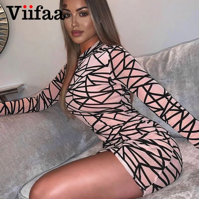 

Viifaa Party Dress Women Geometric Print Sexy See Through Mesh Mock Neck Long Sleeve Bodycon Club Mini Dresses