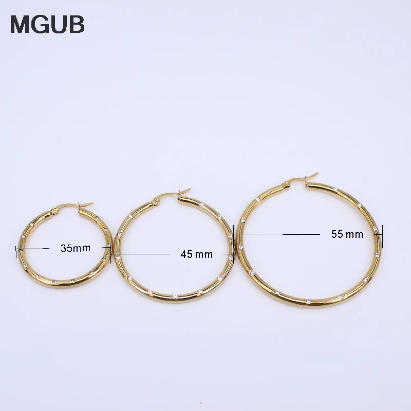 MGUB Diameter 35MM-55MM Big crystal Hoop Earrings Gold Color Stainless Steel Jewelry Circle Round Earrings For Women LH501