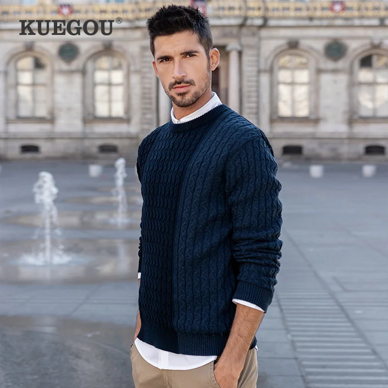 Pullovers Sweaters Knitted KUEGOU Clothing Winter Plus-Size Men Man Top Color Patchwork
