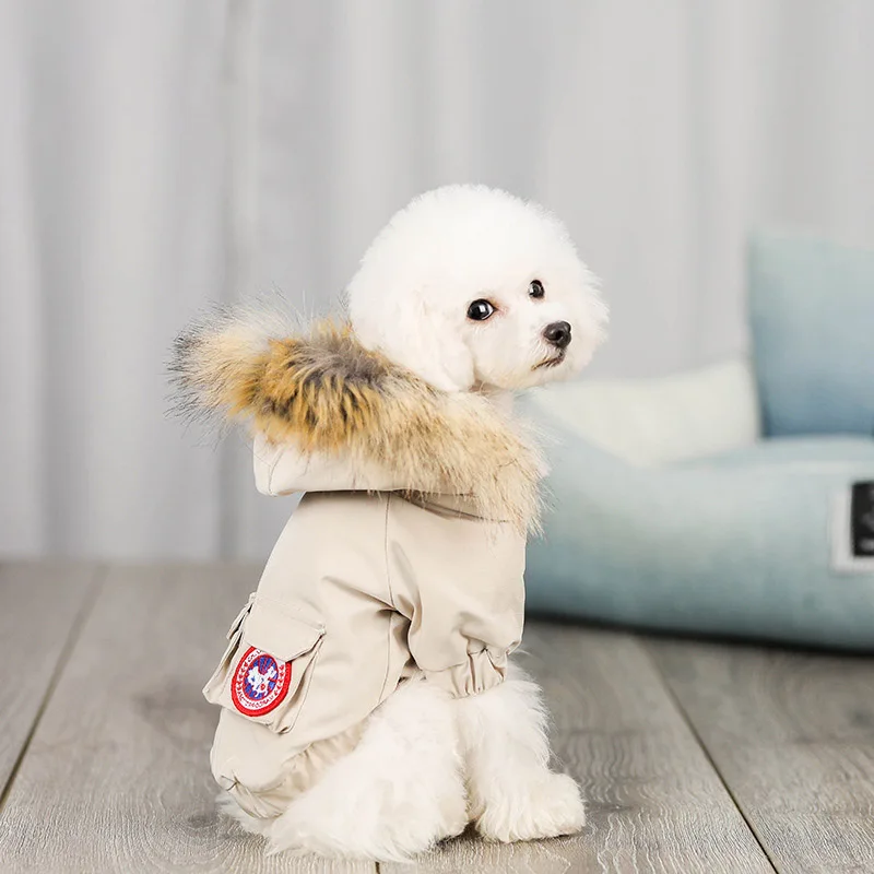Зимнее пальто для собак, куртка с меховым воротником, одежда для домашних животных для маленьких и средних собак, костюм, теплый наряд для щенков, чихуахуа, бульдога, одежда для домашних животных, мопс - Цвет: Бежевый