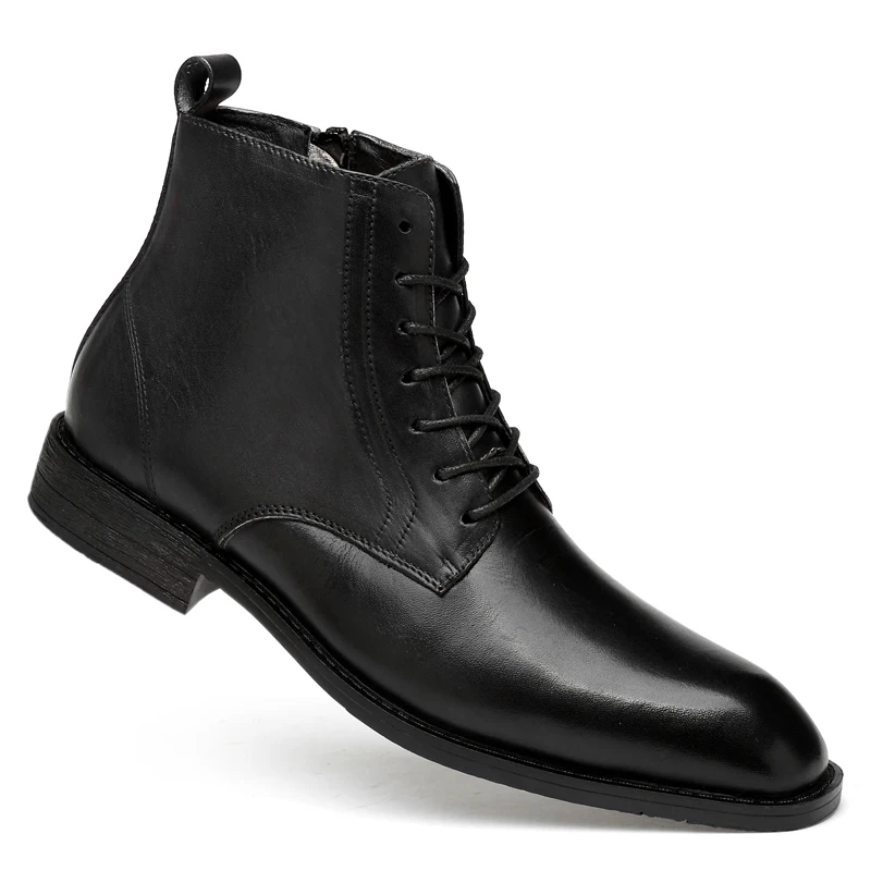 High Quality Cattle Leather Men's High Boots Winter Plus Velvet Shoes Large Size Shoes Men Genuine Leather Boots Big 36-47 - Цвет: Black