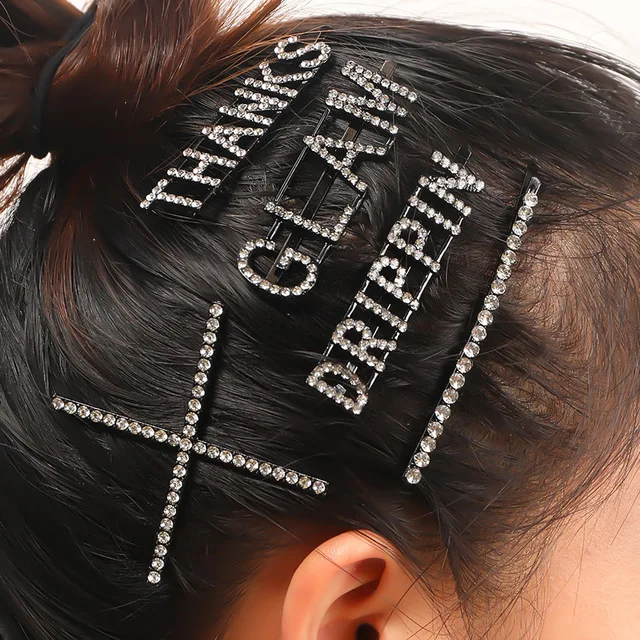 New Women Crystal Rhinestone Letter Hairpin Barrette Hair Clips Hair Accessories 