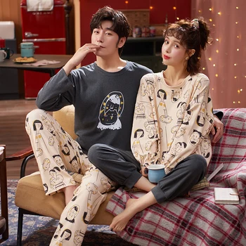 

Couple Nightwear Suit Summer Sweet Cute long Sleeve Pajamas printing Homewear Men& Women Plus Size M-3XL Cotton Pijamas Mujer