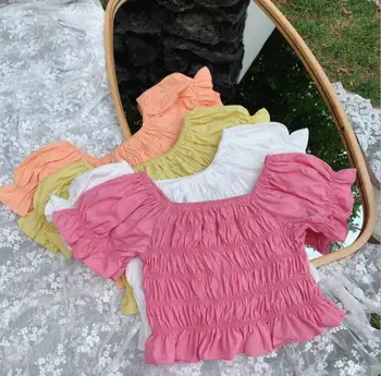 

2020 New Style Girls Shirt Summer Draped Cotton Puff Sleeve Fashion Girls Blouse 1-7t QH709