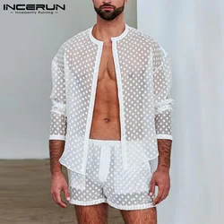 INCERUN Men Pajamas Sets Mesh See Through Polka Dot Print Homewear Long Sleeve Tops & Shorts Breathable Sexy Men Pyjamas Suits 7