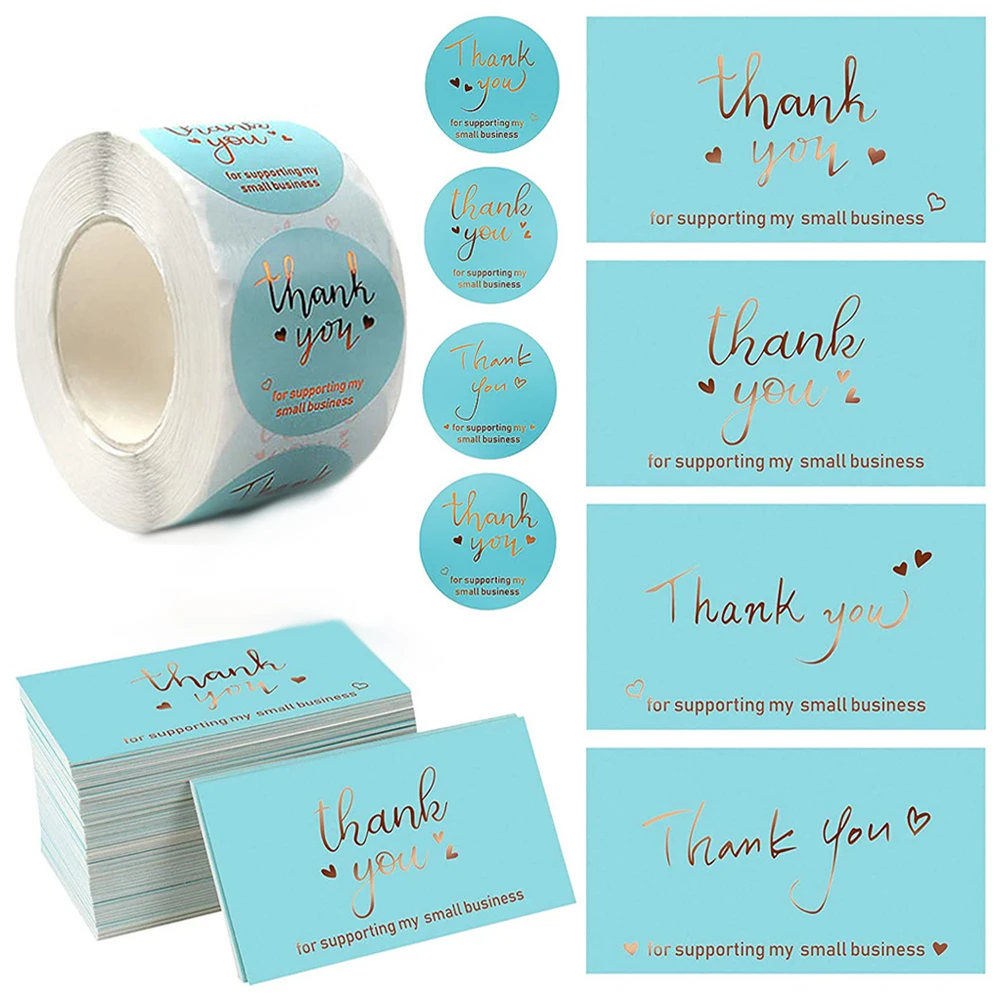 Blue Thanks Greeting Card Thank You for Supporting My Small Business Gold Leaf Card Packaging Decoration Sticker 10-500Pcs