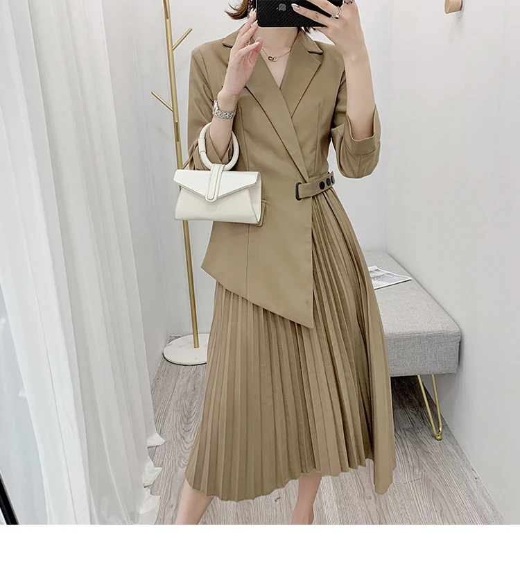 khaki 2 Женские юбки костюмы осенние европейские Новые женские модные трендовые юбки темперамент длинный рукав пояс тонкие костюмы с длинной юбкой - Цвет: khaki 2
