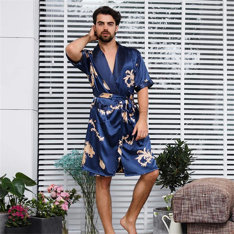 Black-Two-piece-Robe-Suit-Male-Silk-Dragon-Dressing-Gown-Extra-large-5XL-Robe-With-Dragons (4)