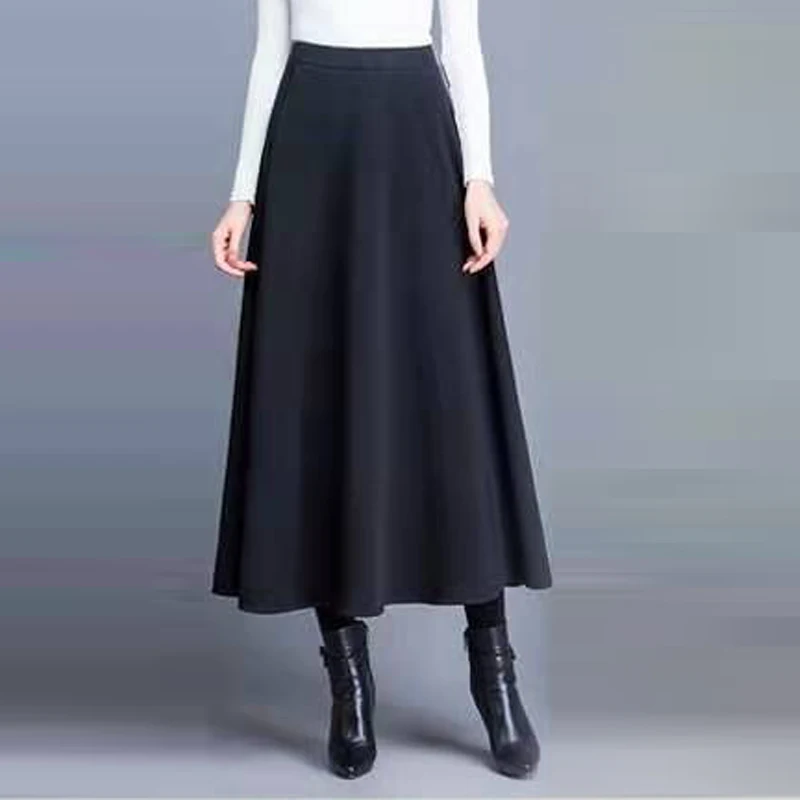 black Skirt 86 FairyShely бархатная шерстяная длинная юбка с зонтиком Женская Осенняя зимняя эластичная лента Высокая талия Теплая юбка серая Макси офисная юбка - Цвет: black Skirt 86
