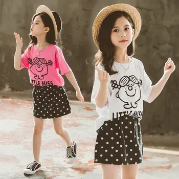 

Children Baby Girl Clothes Set Summer Short Sleeve Cute T-Shirt and Polka Dot Mini Skirt Two Piece Set of Clothes for Teens Kids