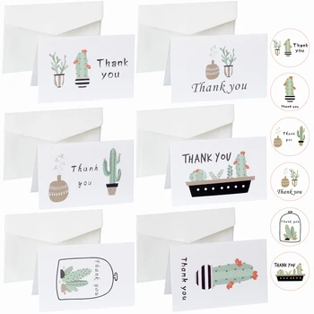 

6sets Cute Cactus Folded Thank You Cards DIY Party Invitation Greeting Cards Creative Gift Card with Envelope Stickers