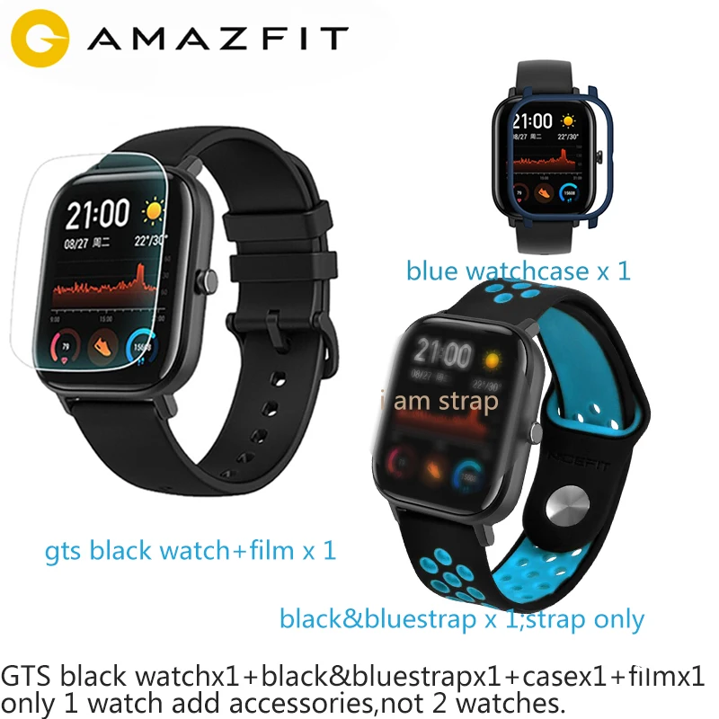 Смарт-часы Amazfit GTS, черные, 5 АТМ, водонепроницаемые, для плавания, умные часы, 14 дней, батарея, MusicControl, для Android, для ios, globalversion - Цвет: watchaddstrapandcase