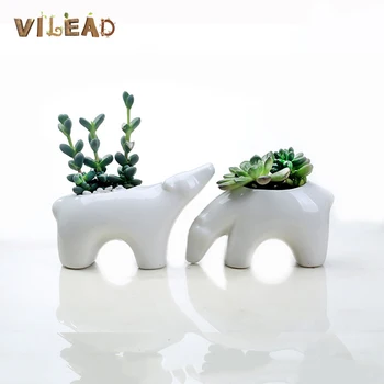 

VILEAD 14cm Polar Bear Ceramic Flowerpot Nordic Style Creative Decor Home Vase Desk Couple Green Plant Succulent Vase Blanc