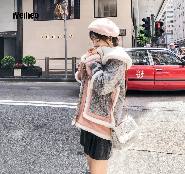 Новое шерстяное ягненка пальто женщина осень и зима шикарный пэчворк Толстый вкладыш Свободная шерсть сочетает пальто короткой курткой