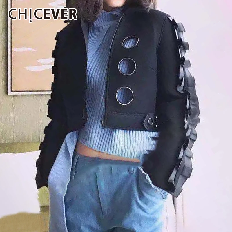 Женская куртка с рюшами CHICEVER осенняя на молнии отложным воротником и длинными