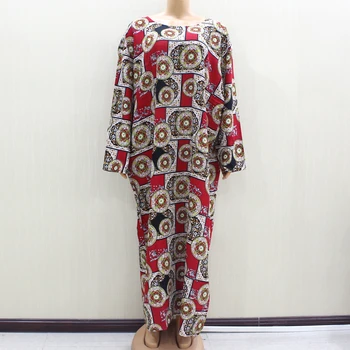 

2020 African Fashion Design New Arrival Red Print Cotton Material O-Neck Long Sleeve Long Dess African Casual Dresses For Women