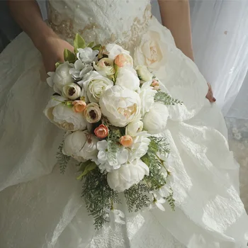 

Waterfall Silk Peony Wedding Flowers Bouquet For Bridal Bouquets Vintage Ivory Pink Artificial Flowers Handmade Waterfull Bride