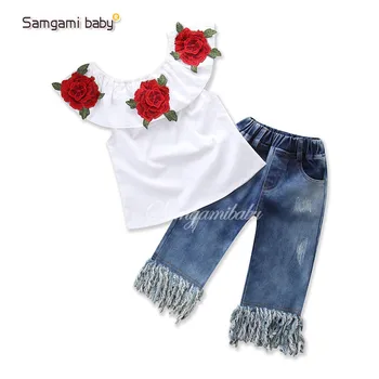 

2020 baby girl's white embroidered shoulder top + fringed jeans