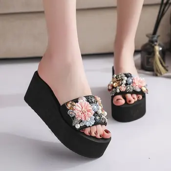 

Pearl Flower Women's Shoes New Women's Open Toe Slippers Summer Women's Summer Tow High Heel Wedge Heel Breathable Leisure