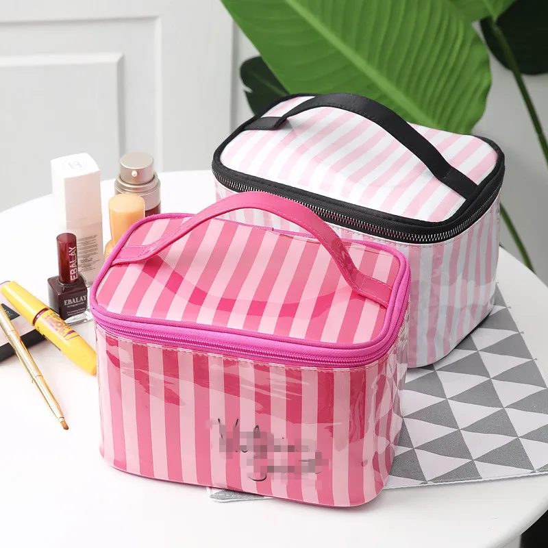 

Cosmetic Bag 2019 New Portable Travel Fashion Simple Washing Bag Pink Stripe Waterproof Cosmetic Bag Hand-held Cosmetic Box
