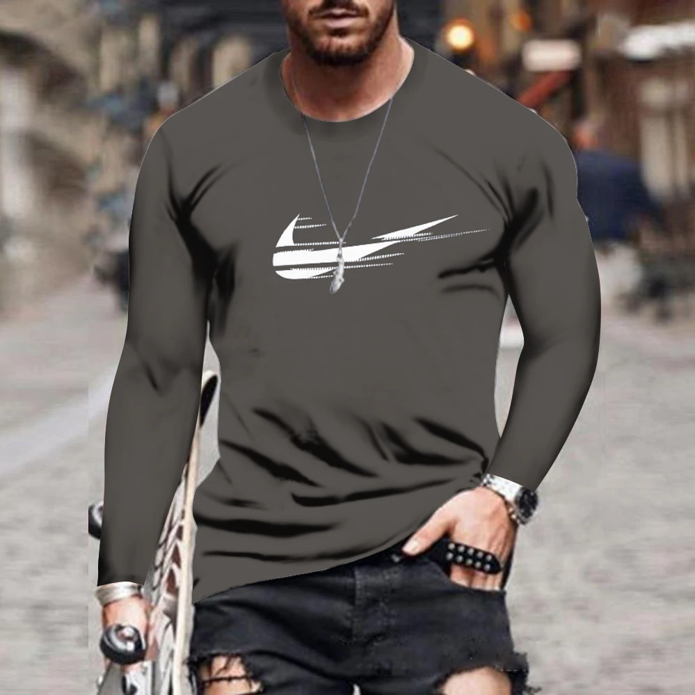2021 Autumn and winter men's brand top printing solid color Round neck long sleevesleeve  street running sports fitness wear 4