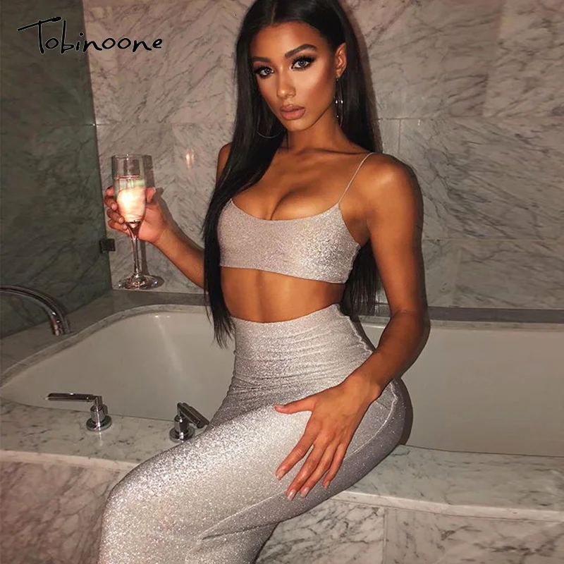

Tobinoone Sparkly Off Shoulder Sexy Dress Women Sleeveless Spaghetti Strap Two Piece Set Dress Backless Autumn Party Dress Club