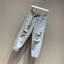 Летние женские джинсы, свободные, с дырками, с вышитыми буквами, штаны-шаровары, джинсы с цветными буквами