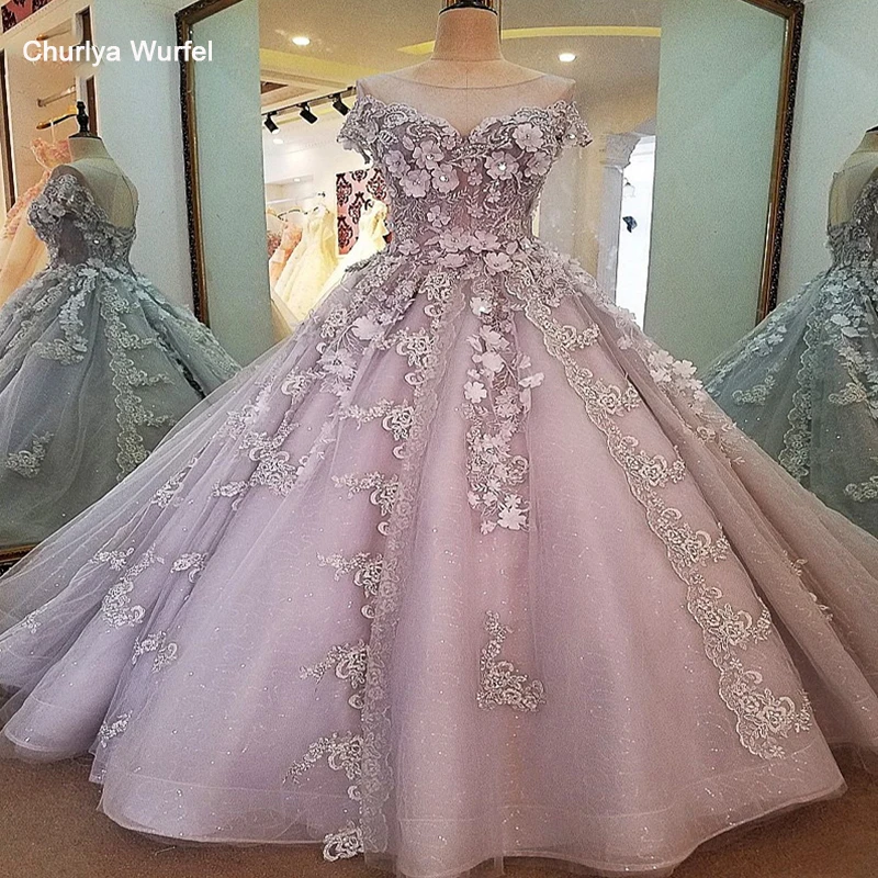 

LS00054 2018 evening dresses long lace flowers lace up back abendkleider lang elegant grey ball gown evening dress real photos