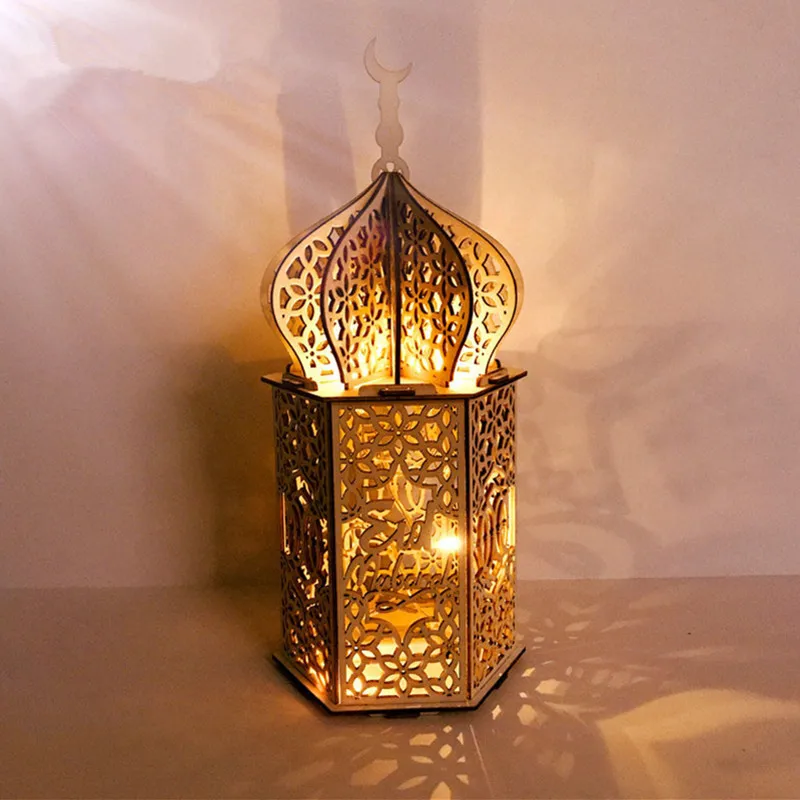 Eid Mubarak Muslim LED Night Light Ramadan Lamp Decor Lights Wooden Lantern DIY 