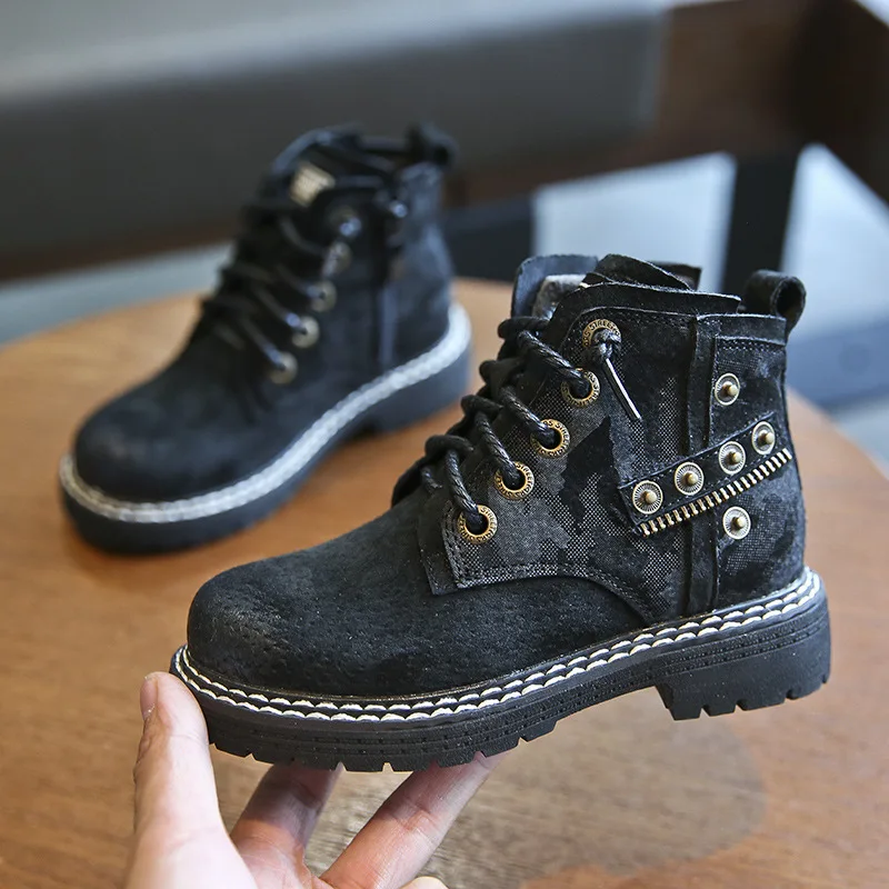 Winter New Children Boots Boys Martin Boot Genuine Leather Fashion Kids Shoes Sneakers Plush Girls Snow Boots Waterproof Outdoor