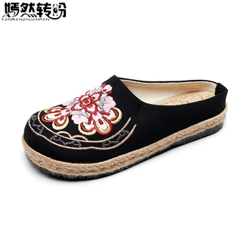 

2020 Women Slippers Linen Cotton Floral Embroidered Handmade Ladies Canvas Slippers Hemp SOFT Walk Shoes Woman Zapato Mujer