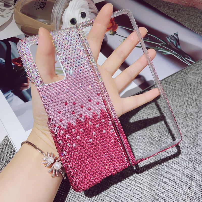 Custodia Fashion Full Bling Pink Gradient Crystal Diamond Cover Per Samsung Galaxy Z Flip Z Fold 5 4 2 3 5G Custodia Fatta A Mano Di Lusso