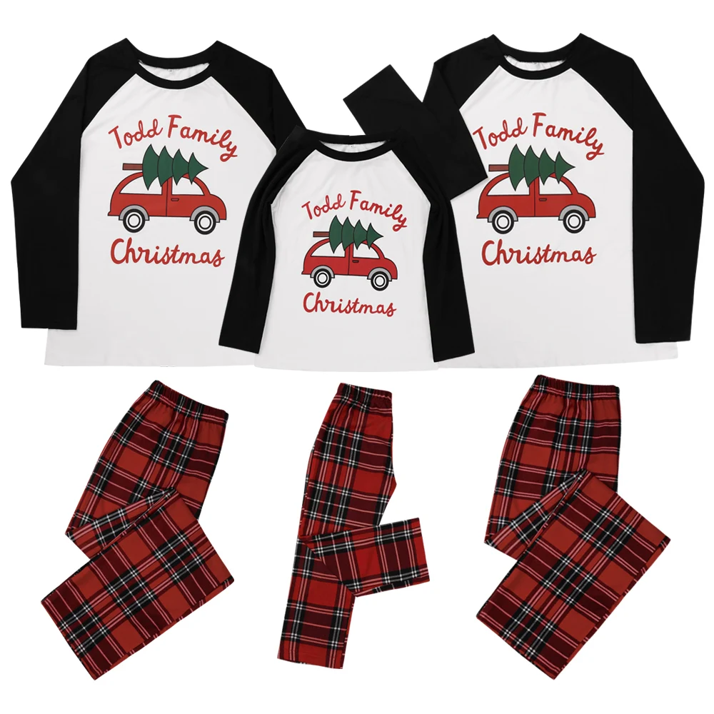 

2020 New Family Christmas Parent-Children Loungewear Letter Print Long-Sleeves Pullover + Plaid Elastic-Waist Pants Pajama Sets