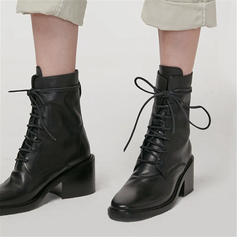 black lace up chunky heel booties