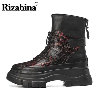 

RIZABINA New Women Ankle Boots Ins Hot Real Leather Thick Bottom Lace Up Leisure Shoes Daily Outdoor Women Footwear Size 34-39