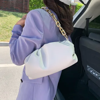 

Lady Shoulder Handbags Female Solid Color Travel Hand Bag Gold Chain PU Leather Cloud Bag for Women 2020 Summer Armpit Bag