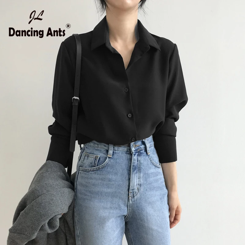 Autumn Polo Shirts Women Blouse Black 