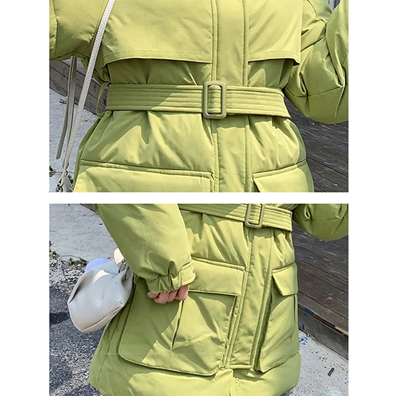 Повседневные утолщенные женские куртки-пуховики в Корейском стиле с меховым капюшоном и большими карманами, тонкие пуховые пальто со шнуровкой, женская модная верхняя одежда размера плюс