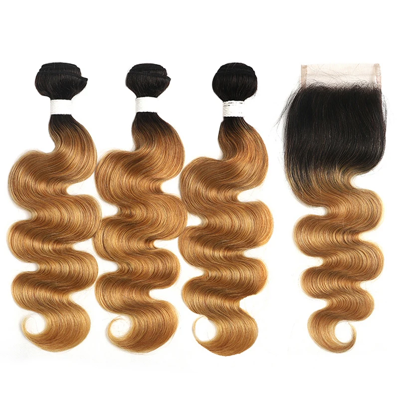 1B 99J/Burgundy Human Hair Bundles With Closure 4x4 Brazilian Body Wave 3 Bundles With Closure Non-Remy Hair Weave Bundles SOKU - Цвет: T1B 27