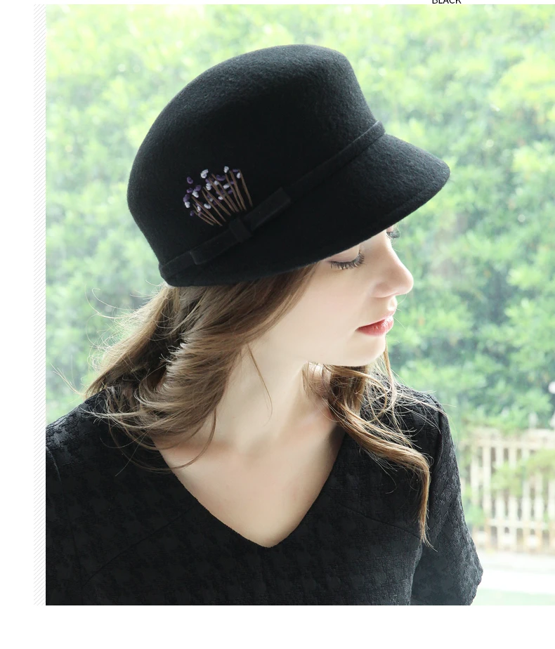 FS осенне-зимняя шапка с неровными полями, фетровая шляпа для женщин, шерстяная фетровая купольная Цветочная котелок, черная серая розовая Женская фетровая шляпа