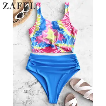 

ZAFUL Rainbow Spiral Tie Dye Print Knot Ruched Tankini Swimsuit High Waisted Swimwear Women Push Up Bathing Suit 2020