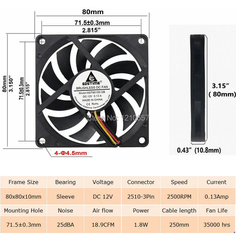 2 шт. Gdstime 3Pin 8 см 80x10 мм 80 x 10 DC 12 В Бесщеточный Охлаждающий вентилятор для