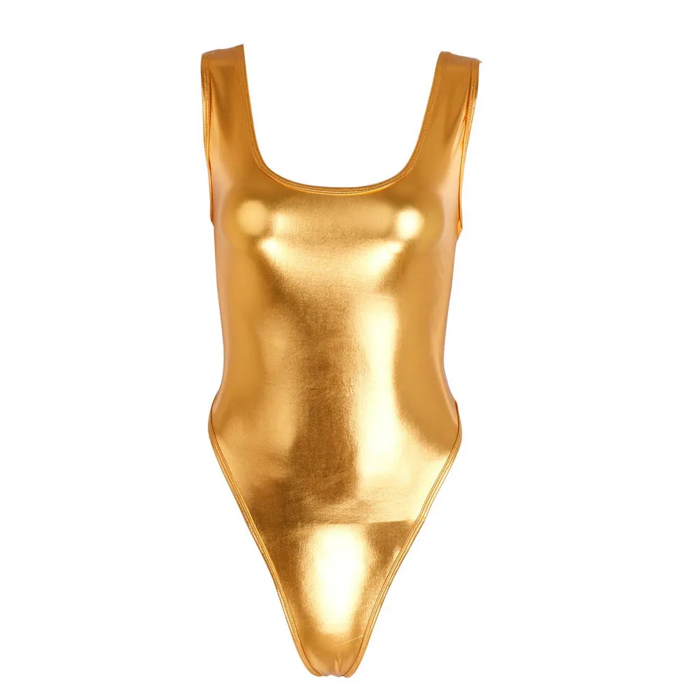 Women Solid Color Patent Leather Sleeveless Ballet Dancewear Gymnastics Leotard High Cut Sexy Bodysuit Swimsuit Dance Costume