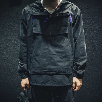 

men jacket Spring and Autumn Hooded Casual Jacket Loose black jacket Trendy all-match top Pullover overalls jacket men clothing