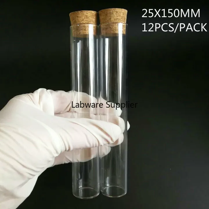 

12pcs/lot 25x150mm Flat Bottom Glass Test Tube with Cork Stopper for Kinds of Laboratory Experiments