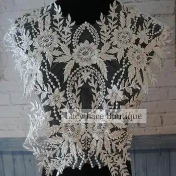 

1 Piece Wedding dress accessories lace patches with pearls and sequins Ivory lace flowers beaded lace motif