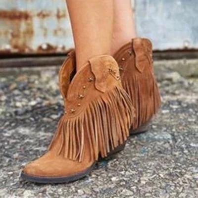 

Oeak Short Boots Women Tassels Pointed Toe Boots Rivets Brown Warm Non-slip Autumn Fringe Boot Shoes For Ladies Botas Mujer 2019